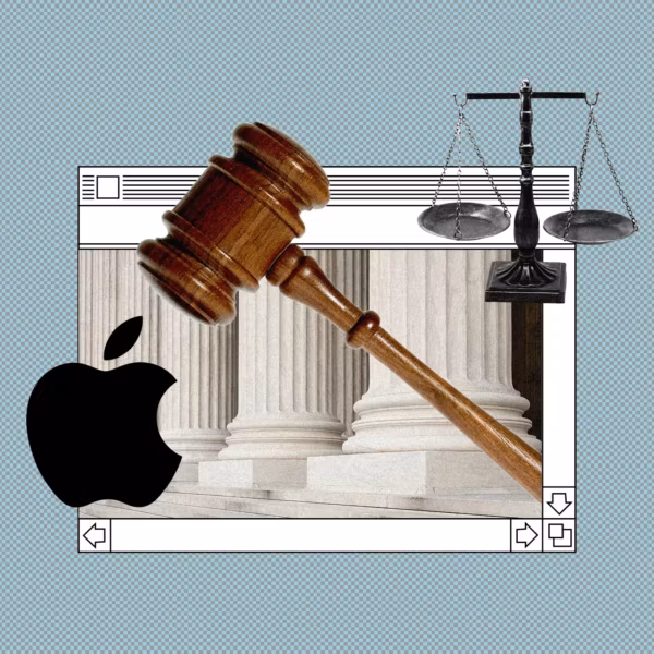 Молоток судебного решения и логотип Apple на фоне колонн судебного зала