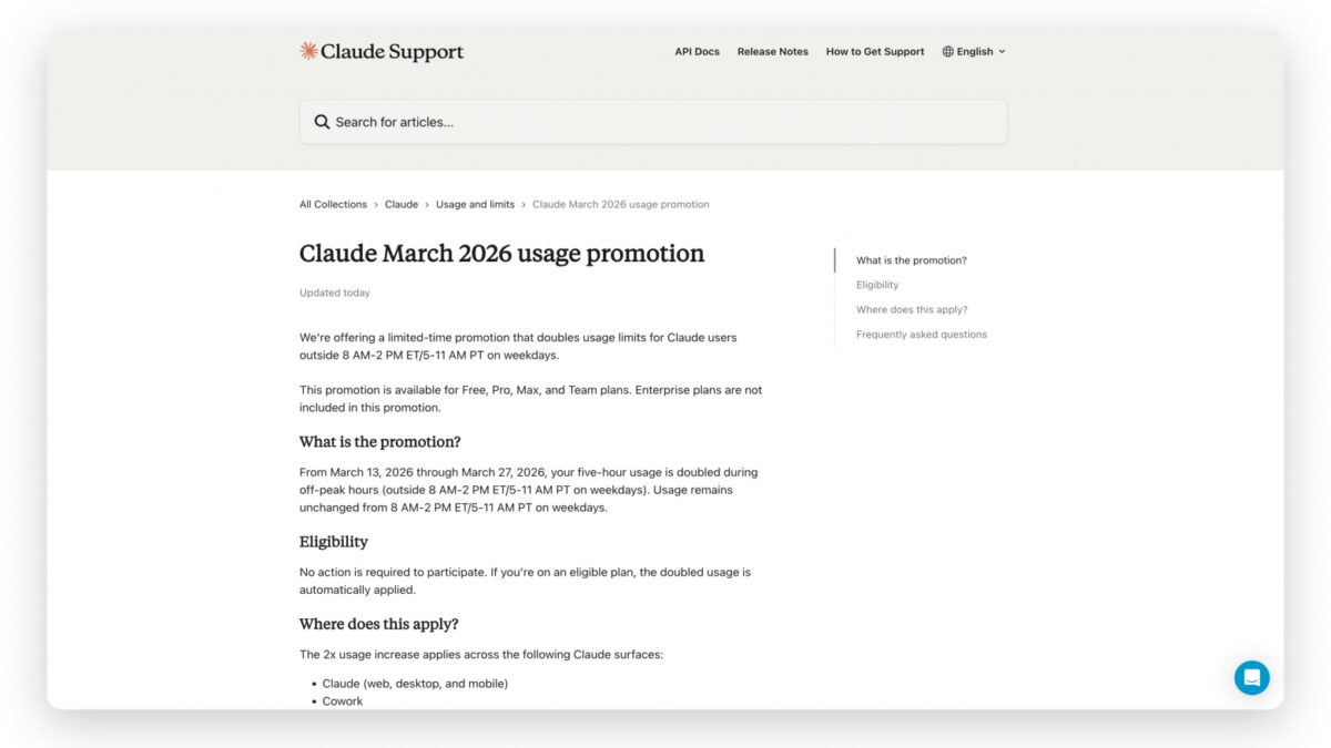 Страница поддержки Claude с информацией о промоушене и удвоенных лимитах Anthropic с 13 по 27 марта 2026