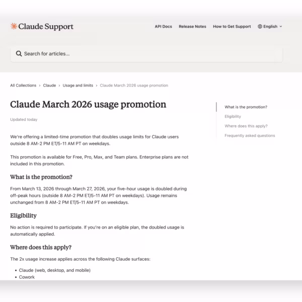 Страница поддержки Claude с информацией о промоушене и удвоенных лимитах Anthropic с 13 по 27 марта 2026