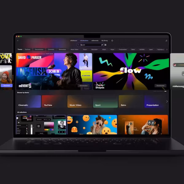 Ноутбук с интерфейсом Final Cut Pro и эффектами MotionVFX