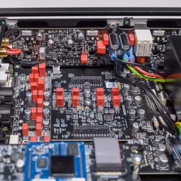 Внутренности Moon 371: интегральный усилитель и стример с компонентами платы и кабелями