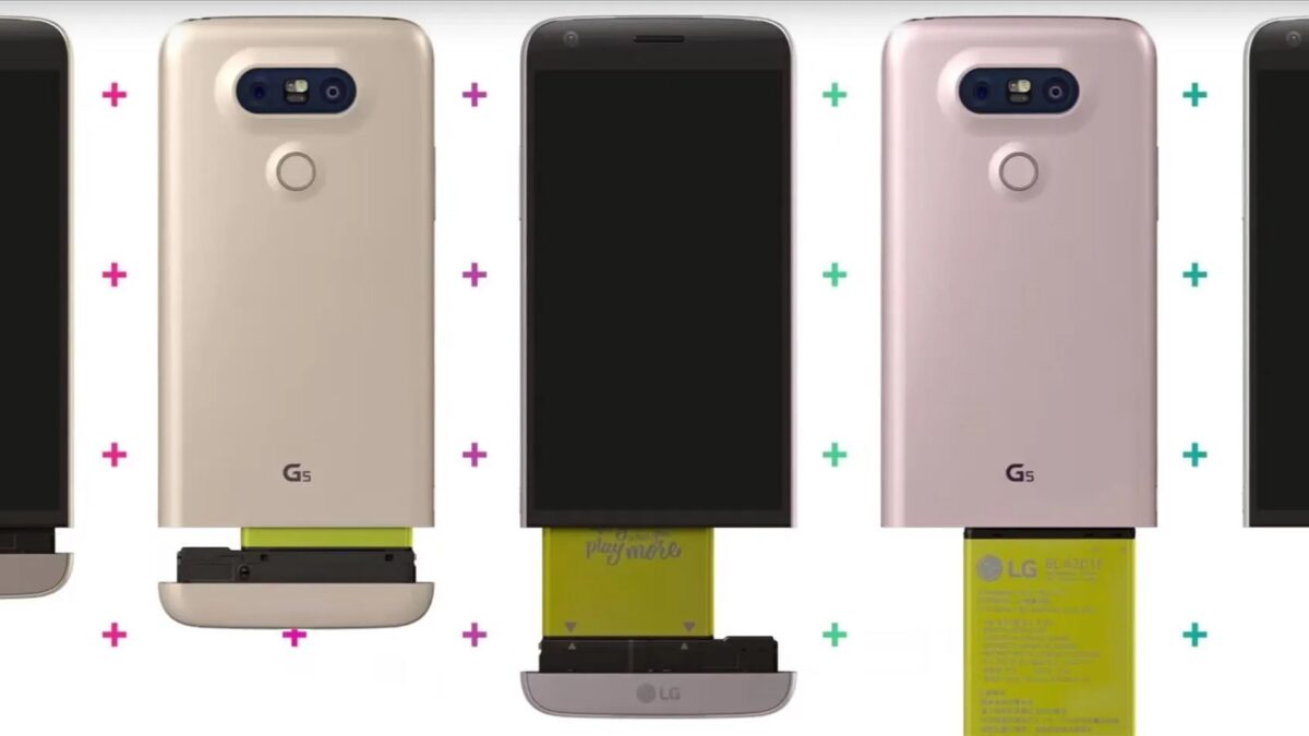 Изображение показывающих разные части смартфона LG G5 задняя крышка и аккумулятор