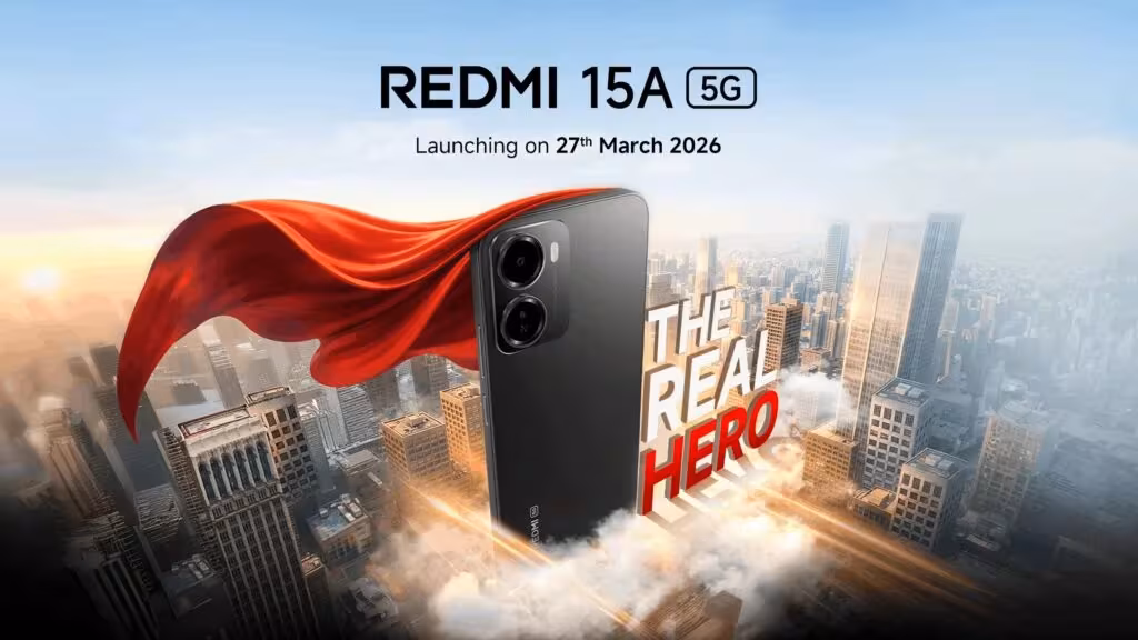 Рекламный баннер смартфона Redmi 15A 5G с городским пейзажем и новым дизайном