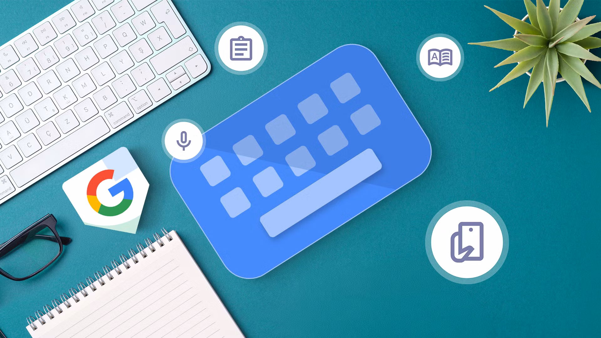 Логотип Gboard на столе с иконками голосового набора