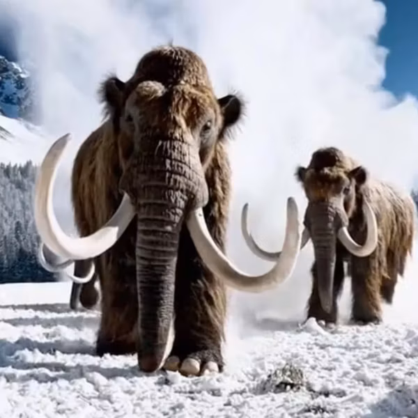 Мамонты на заснеженном поле с горами на заднем плане