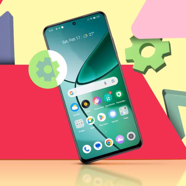 Смартфон Xiaomi с экраном настроек Android и 3D иконками шестерёнок на фоне