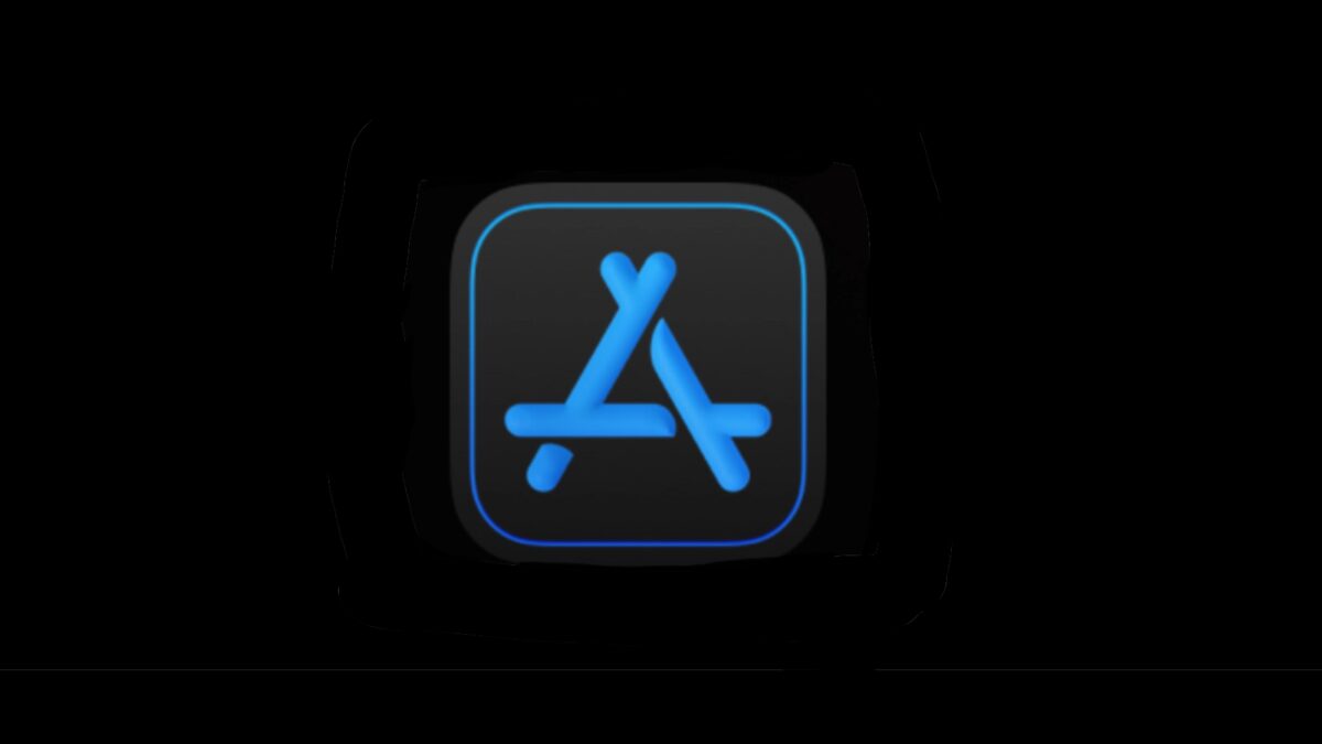 Иконка App Store в тёмной теме: чёрный фон и синие линии на экране App Store Connect