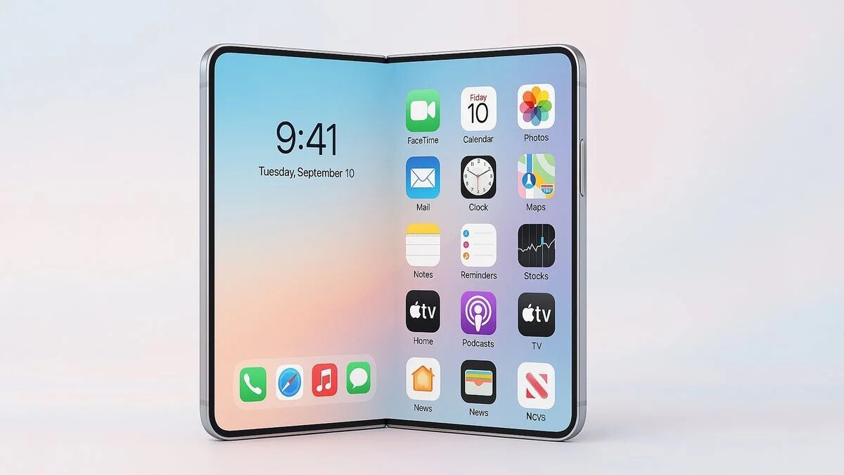 Складной iPhone Fold от Apple с открытым большим экраном и интерфейсом многозадачности