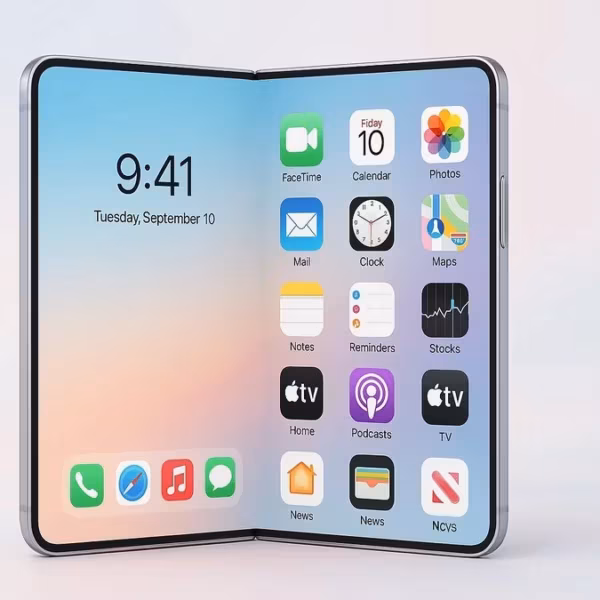 Складной iPhone Fold от Apple с открытым большим экраном и интерфейсом многозадачности