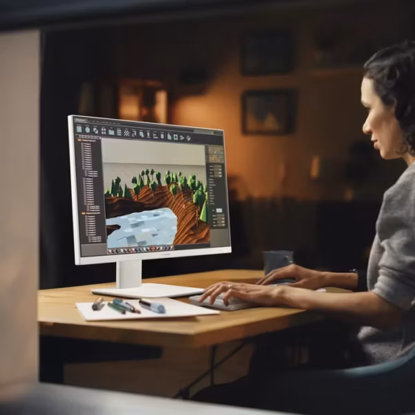 женщина работает за компьютером Asus ExpertCenter P600 AiO в темной комнате