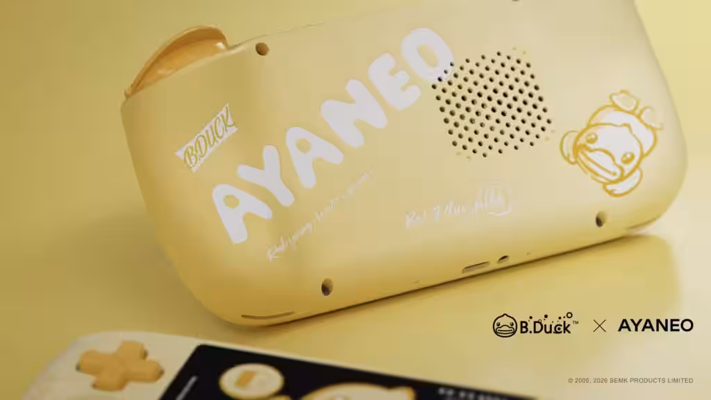 Жёлтая ретро-консоль Ayaneo Pocket Air Mini с изображением персонажа B.Duck сбоку