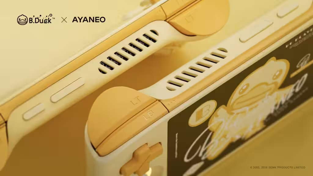Ретро-игровая консоль Ayaneo Pocket Air Mini с ярким лимитированным дизайном в стиле B.Duck видно сверху