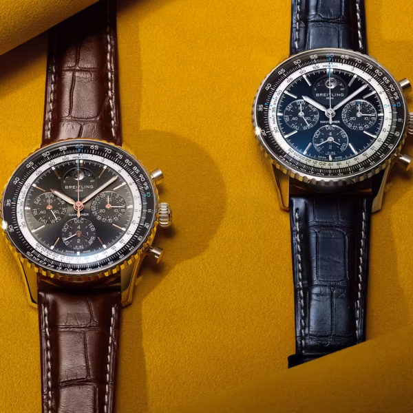 Часы Breitling Navitimer с вечным календарём и хронографом на жёлтом фоне