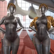 Две женские кибернетические фигуры из Atomic Heart на фоне футуристического интерьера робозала