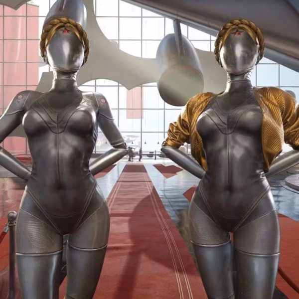 Две женские кибернетические фигуры из Atomic Heart на фоне футуристического интерьера робозала