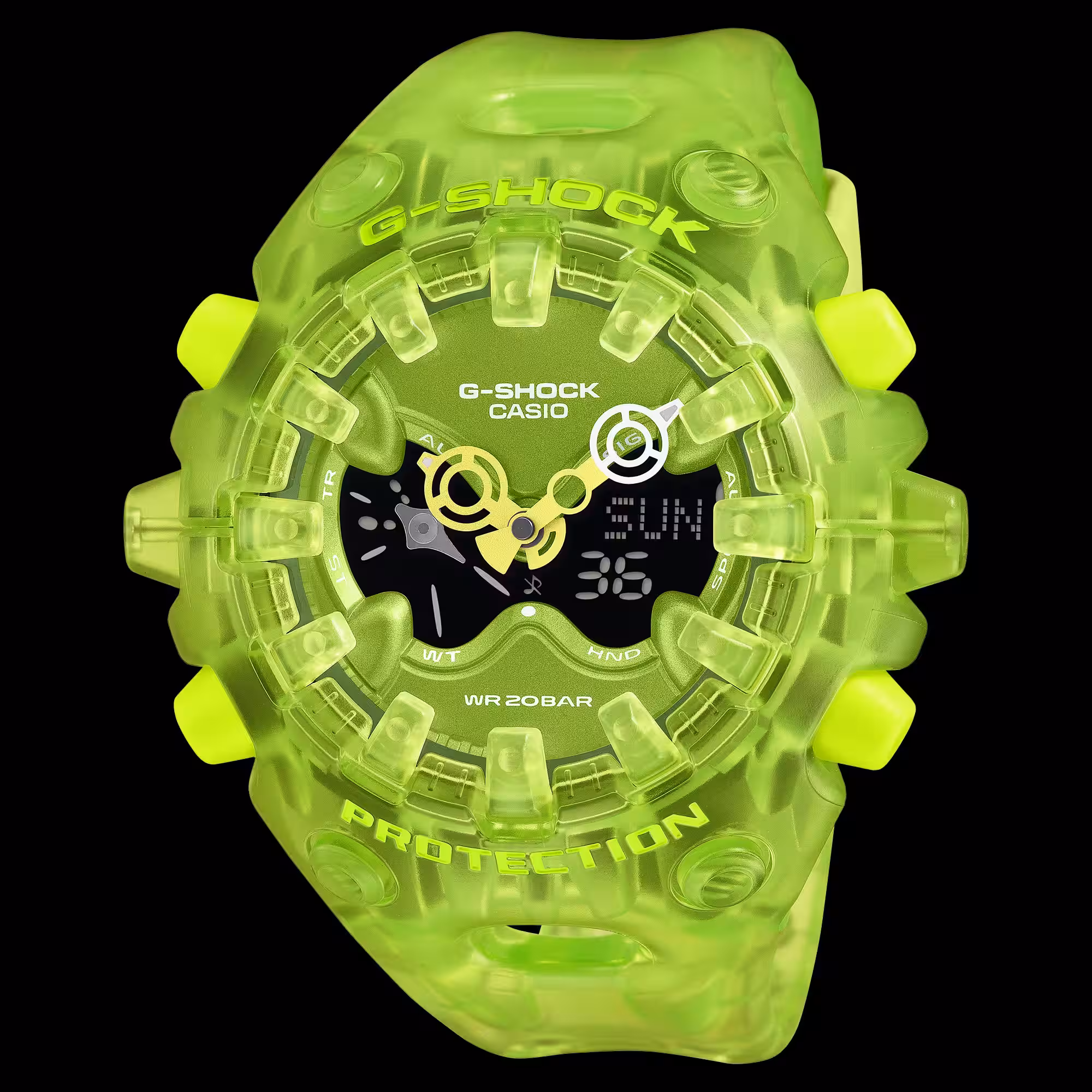 Ярко-зеленые прозрачные часы Casio G-Shock GA-V01 крупный план