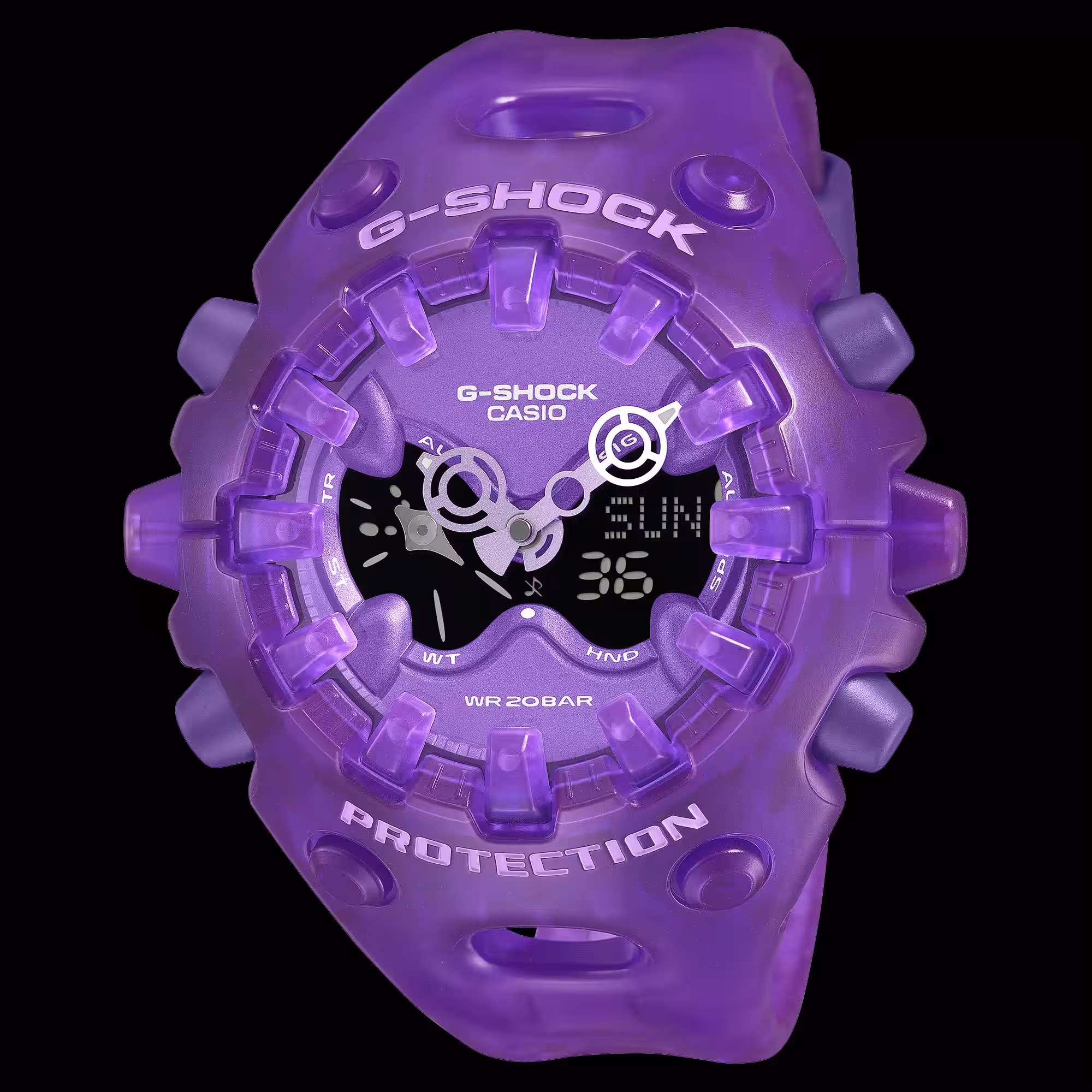 фиолетовые прозрачные часы Casio G-Shock GA-V01 крупный план