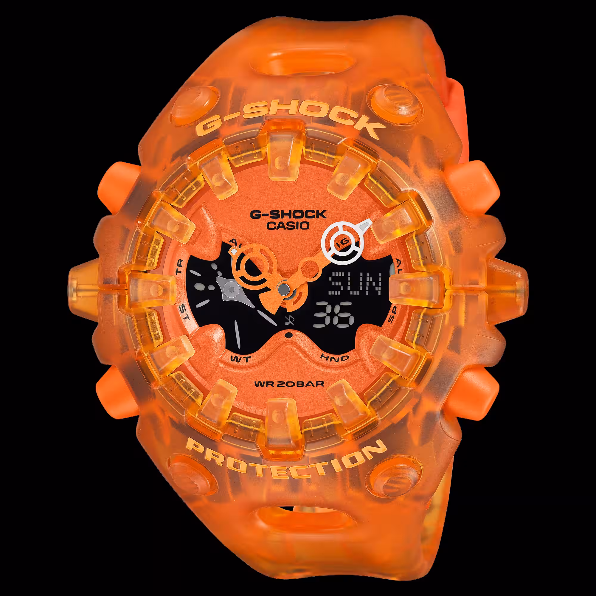 Прозрачные оранжевые часы Casio G-Shock с крупным круглым циферблатом и цифровыми и аналоговыми дисплеями