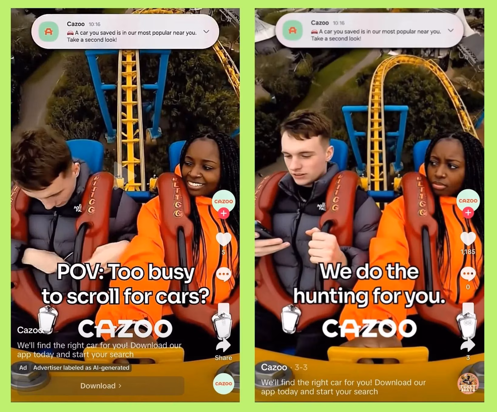 Два человека на американских горках, логотип Cazoo на экране смартфона