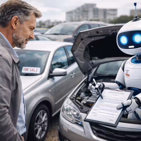 Робот с дисплеем и клавиатурой для автоматической подписи документов в автосалоне