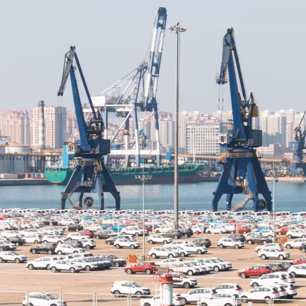 Порт с крупными кранами и стоянкой электрических автомобилей, подготовка к экспорту машин