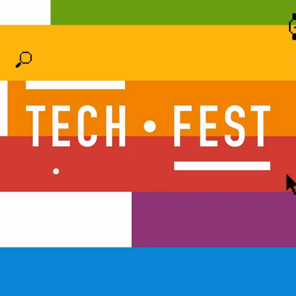 Промо-баннер TechFest Computer History Museum с логотипом Apple и ретро-компьютерами в честь 50-летия