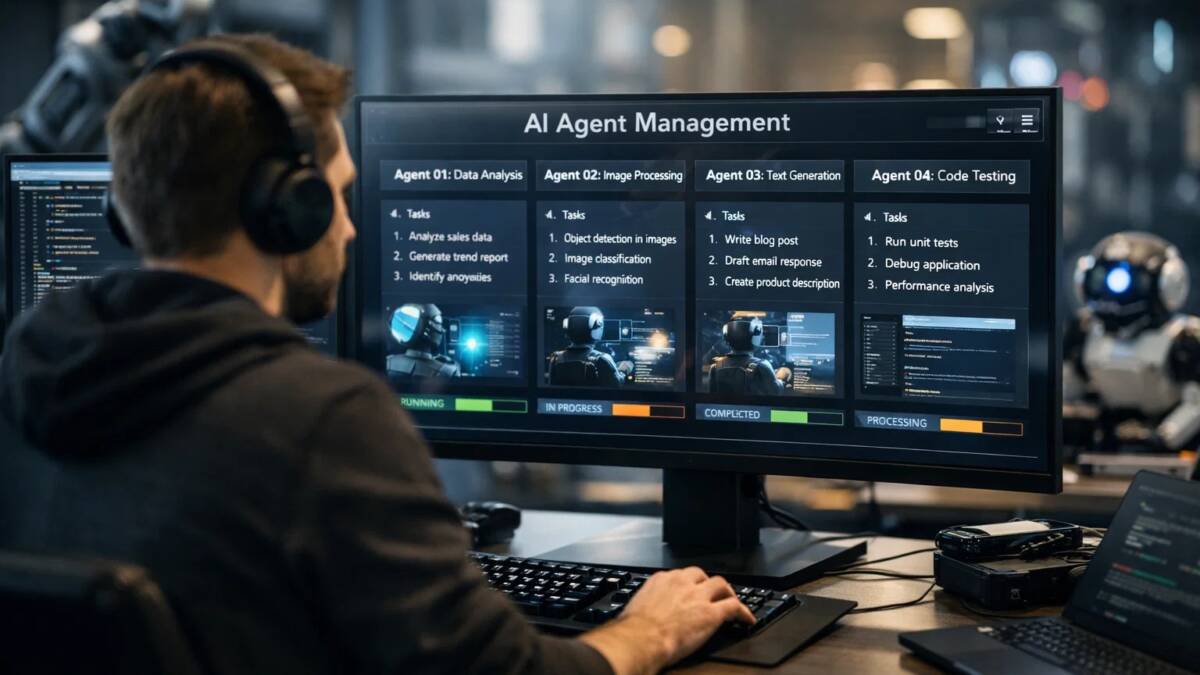 мужчина с наушниками работает за компьютером с интерфейсом АИ-менеджмента