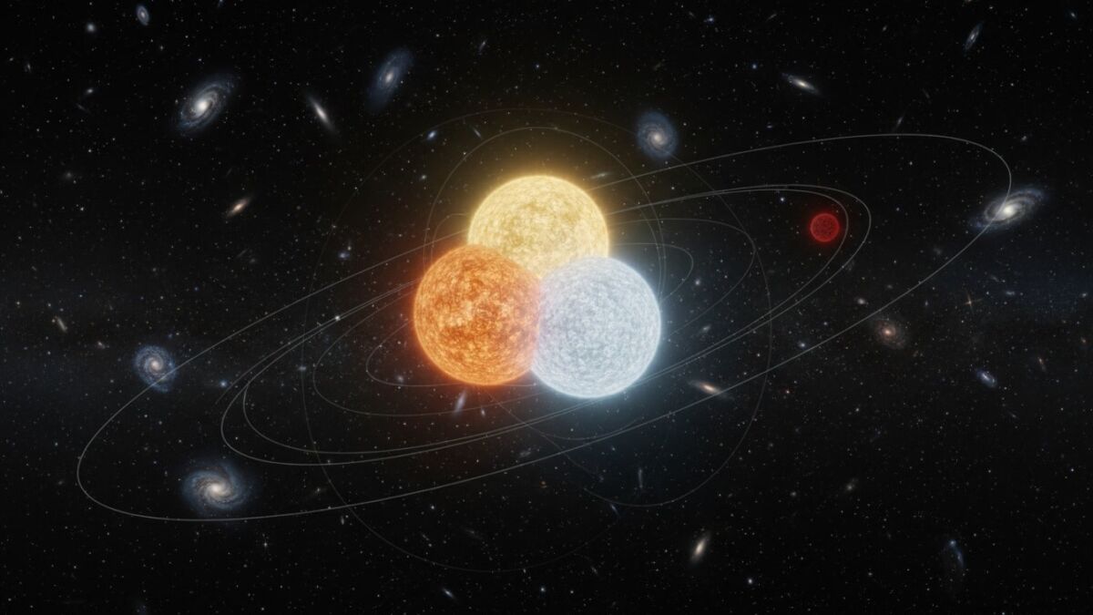 Анимация четырёхзвёздной астрофизической системы с редкой иерархией 3+1 и орбитами