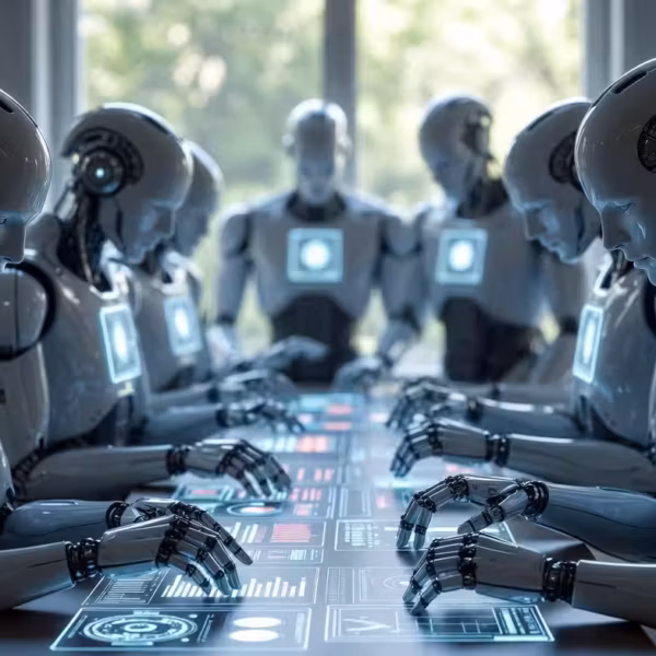 Роботы с сенсорными дисплеями в конференц-зале на мероприятии по ИИ и робототехнике в офисе Oracle