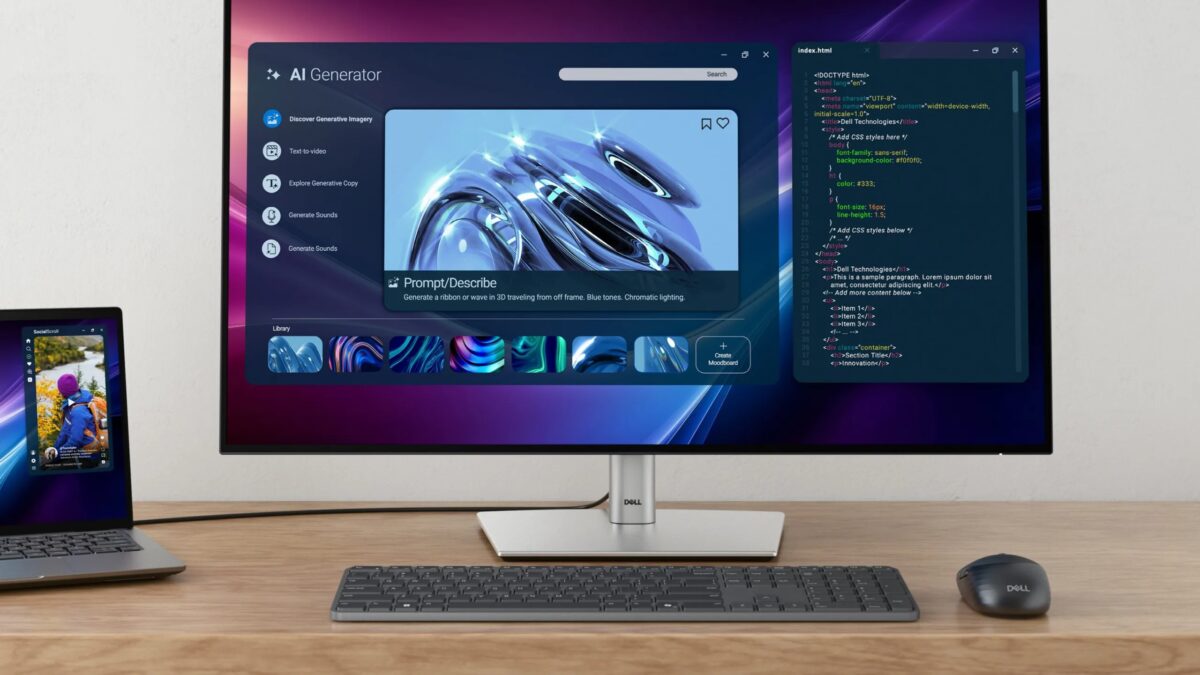 Офисные аксессуары Dell: тонкая клавиатура и мышь Dell на деревянном столе в офисе