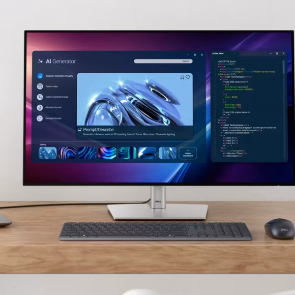 Офисные аксессуары Dell: тонкая клавиатура и мышь Dell на деревянном столе в офисе