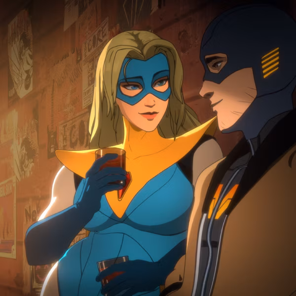 Кадр из игры Dispatch: герои в масках и плащах на фоне стен с плакатами