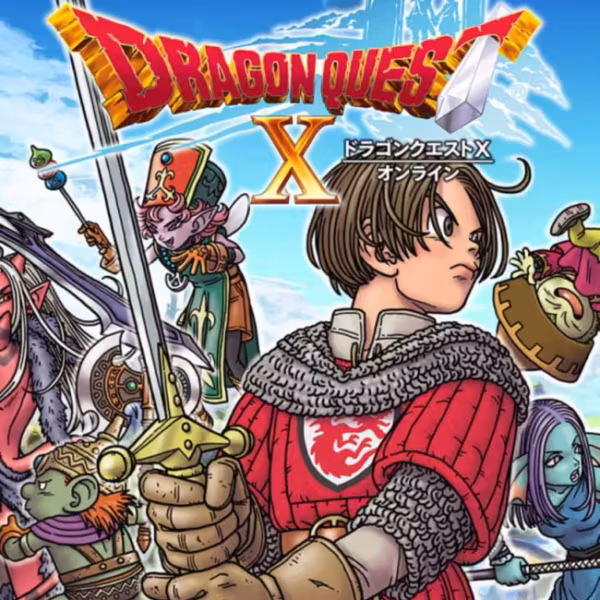 Обложка Dragon Quest X с персонажами и замком на фоне, вокруг меч и яркие цвета