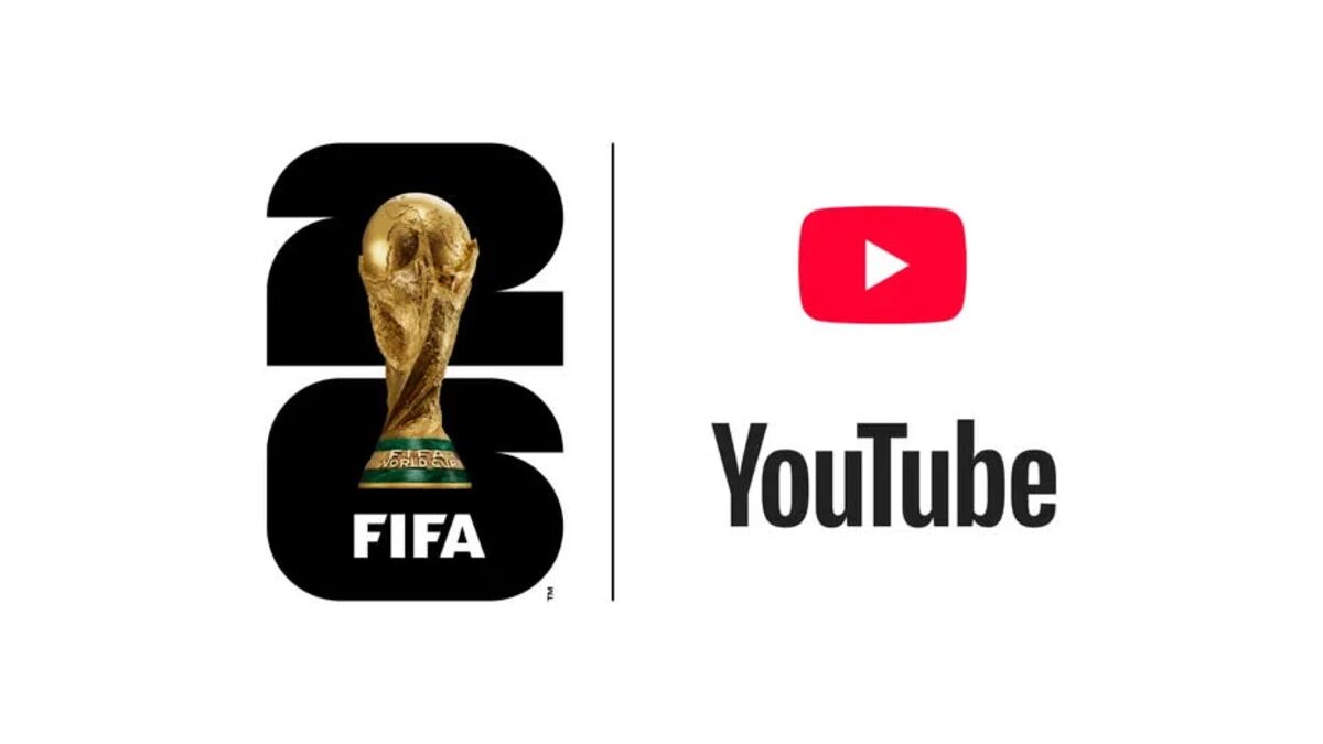 Логотип FIFA с золотой копией Кубка мира на фоне цифр 2026 и логотип YouTube