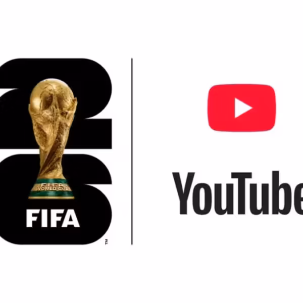 Логотип FIFA с золотой копией Кубка мира на фоне цифр 2026 и логотип YouTube