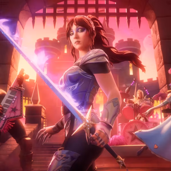 Женский персонаж Chappell Roan в мечом и фэнтезийном платье Fortnite в замке