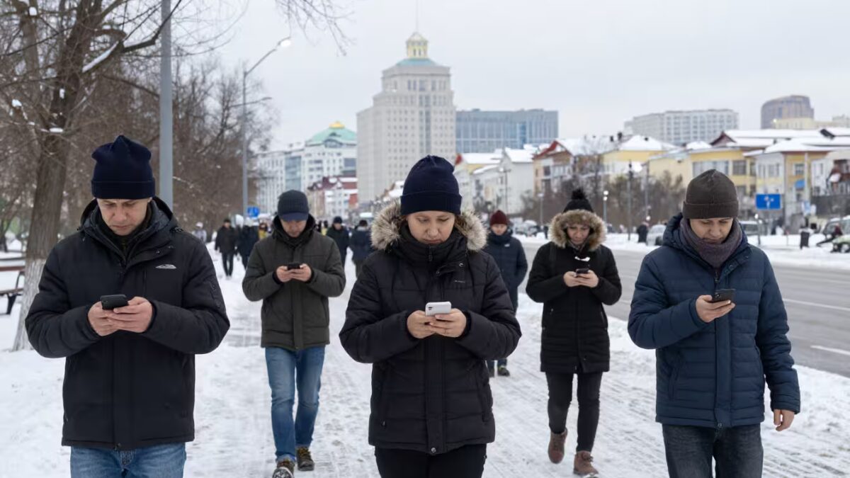 Люди с телефонами на улице в Подмосковье на фоне мер безопасности и перебоев мобильного интернета