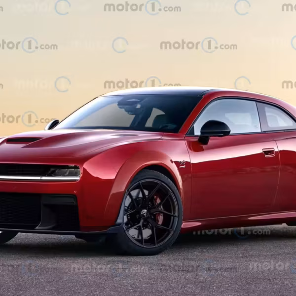 Красный спортивный автомобиль Dodge Charger Hellcat с черными колесами с видом сбоку