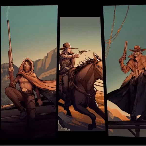 Комикс стиль боевик жестокий с оружием и магией в Hard West II