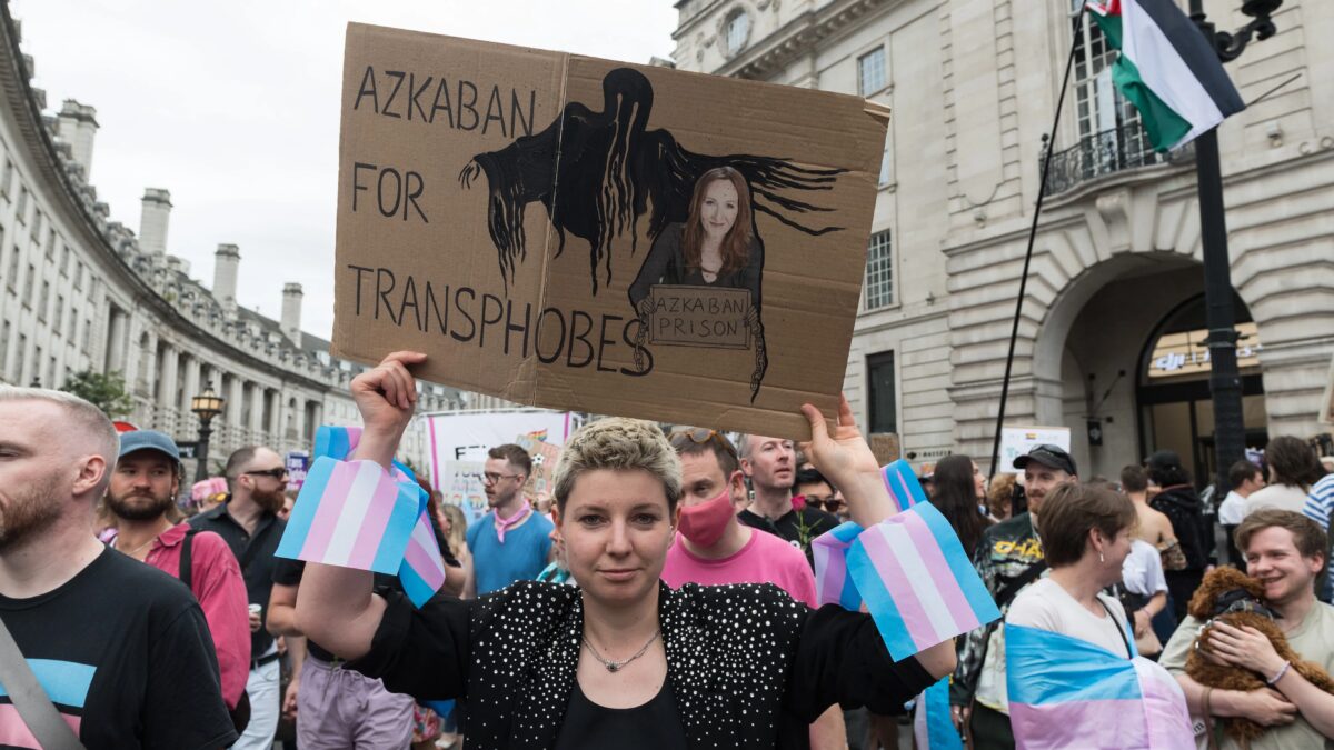 Демонстрант в Лондоне с плакатом, связанный с сериалом HBO о Гарри Поттере