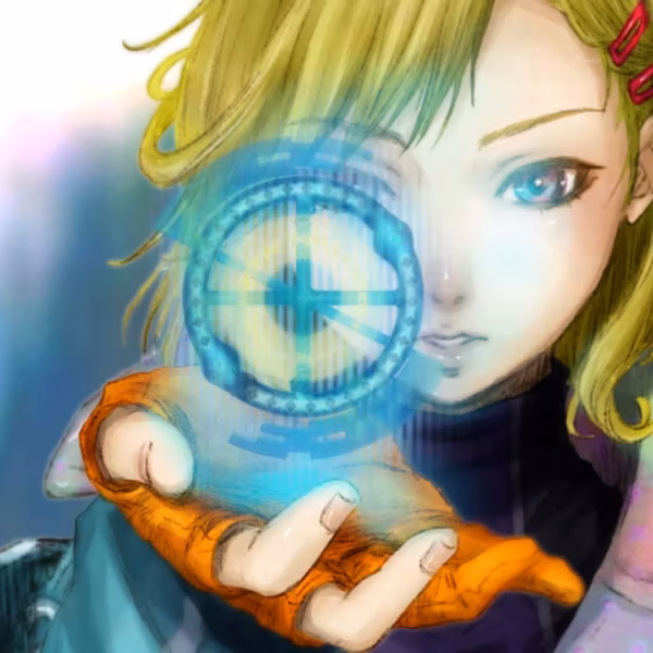 Девушка в зелёными волосами держит смартфон с интерфейсом игры GNOSIA на iOS и Android