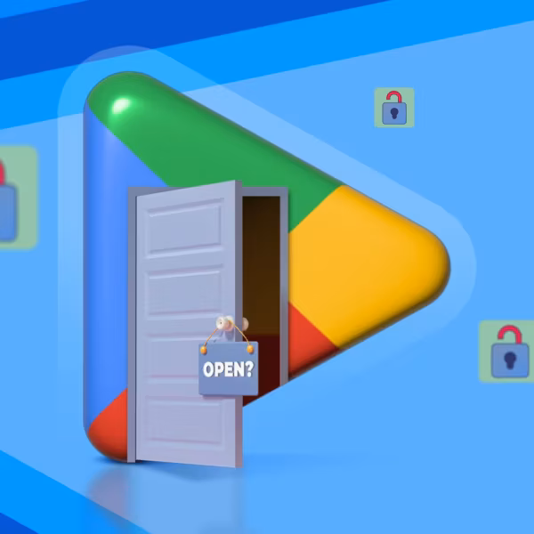 Логотип Google Play Store: дверь с табличкой Open и иконками разблокированных замков на фоне Android