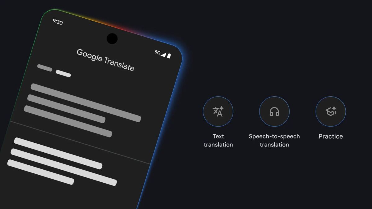 Экран Google Translate с функциями перевода и настройки на фоне темного интерфейса