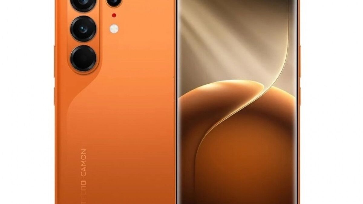 Задняя часть смартфона Tecno Camon 50 Ultra 5G с четырьмя камерами и оранжевым корпусом