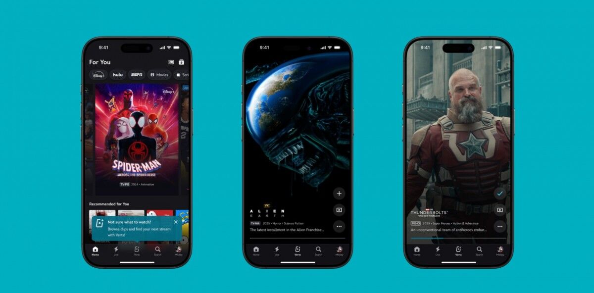 Интерфейс Disney+ Verts на трёх смартфонах с вертикальной лентой и кнопками навигации