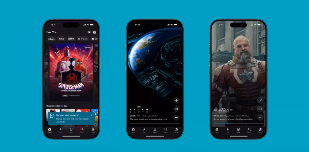 Интерфейс Disney+ Verts на трёх смартфонах с вертикальной лентой и кнопками навигации