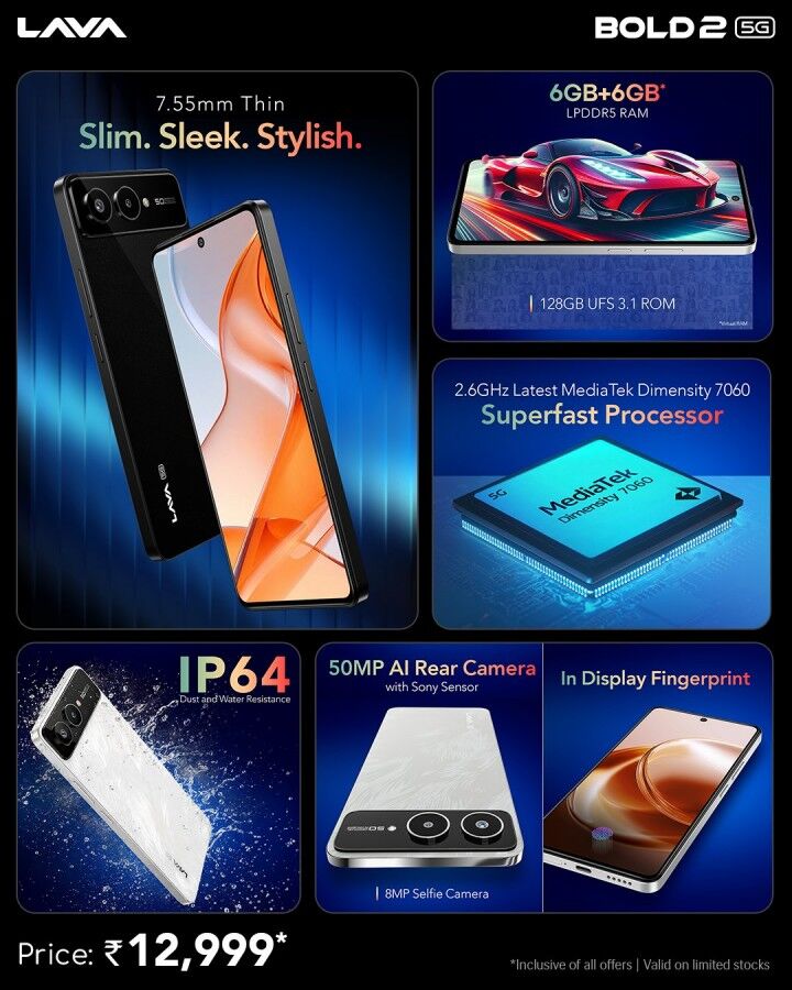 Смартфон Lava Bold 2 5G с тонким корпусом и экраном