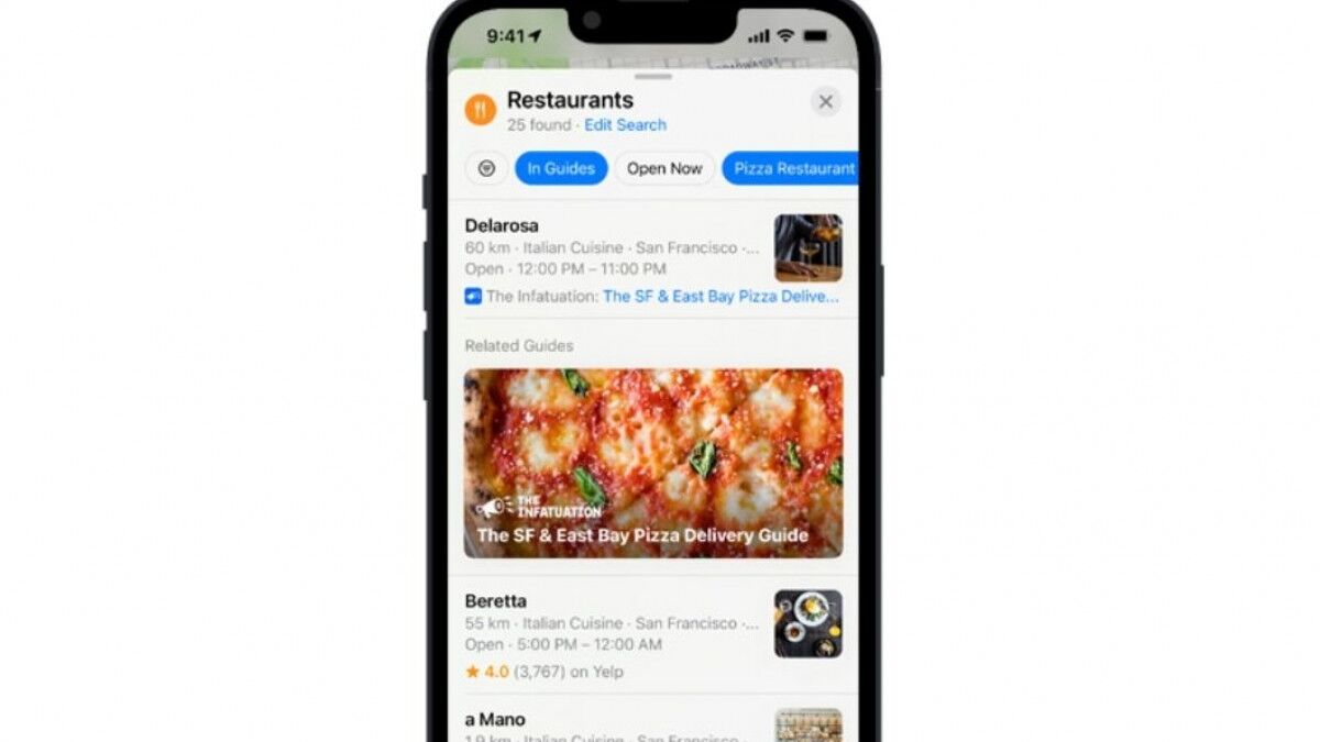 Экран смартфона с картой и списком ресторанов в Apple Maps