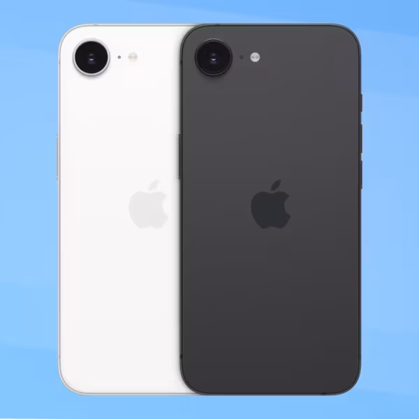 Значок задней панели iPhone 16e с камерой и логотипом Apple на голубом фоне