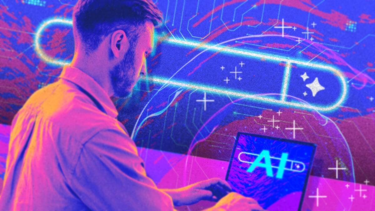 Молодой мужчина взаимодействует с AI-помощником на планшете в неоновом цифровом окружении